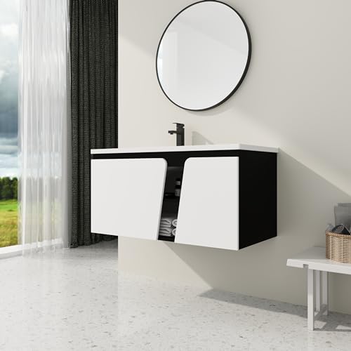DQSPDBD Badezimmer-Waschtisch mit Waschbecken, modernes schwimmendes Waschtisch-Set für kleinen Raum, luxuriöser Wandschrank mit Keramikbecken und rundem Metallgriff von DQSPDBD