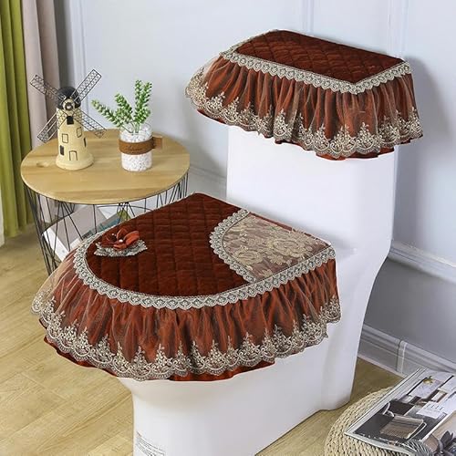 DQZRTUECA Toilettendeckel Tank Sitzbezug Pads Set Spitze Stickerei Warm Soft Zipper Design Multicolor(Dark Red) von DQZRTUECA