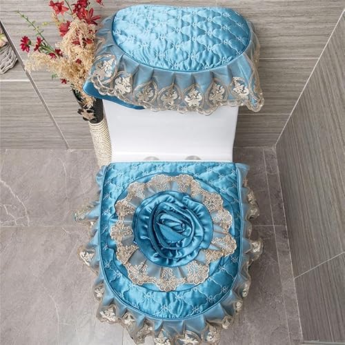 DQZRTUECA Toilettendeckel-Tank und Sitzbezug-Set, Spitzenstickerei, Blume, mehrfarbig, mit Reißverschluss(Blue) von DQZRTUECA