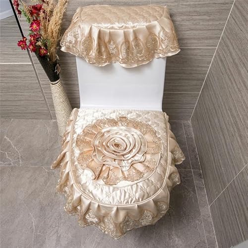 DQZRTUECA Toilettendeckel-Tank und Sitzbezug-Set, Spitzenstickerei, Blume, mehrfarbig, mit Reißverschluss(Rice) von DQZRTUECA