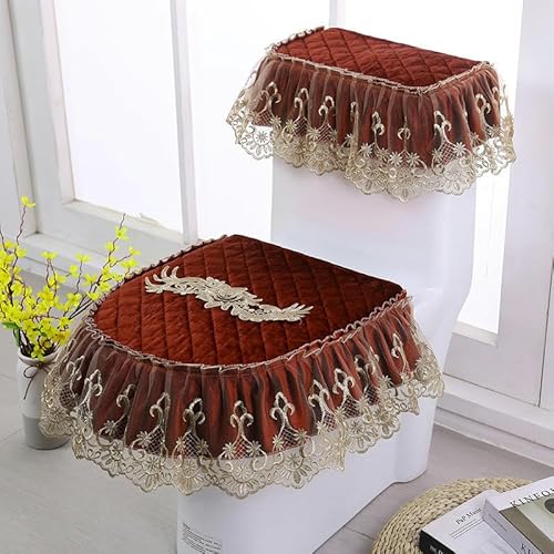 DQZRTUECA Universal-Toilettendeckel-Set, Spitzenstickerei, Gold, Rose, Blume, Reißverschluss, mehrfarbig(Red) von DQZRTUECA
