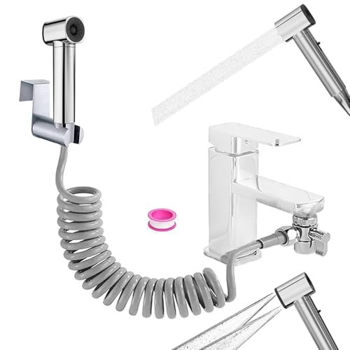 Bidet Handbrause Set, Badezimmer-Bidetaufsatz mit mit Wasserhahn-Spender, Federschlauchhaken, Wasserhahnspender, Badezimmerhygiene und Windelreinigung,Zwei Wassersprüheffekte，silberfarben von DQZSY