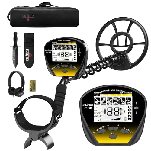 DR.ÖTEK Metalldetektor Set für Erwachsene, Leicht Metallsuchgerät Detektor Profi mit Pinpoint Modus & Exklusiver Speichermodus, wasserdichte Spule, LCD Display, Neur Fortschrittlicher DSP-Chip, Gelb von DR.ÖTEK