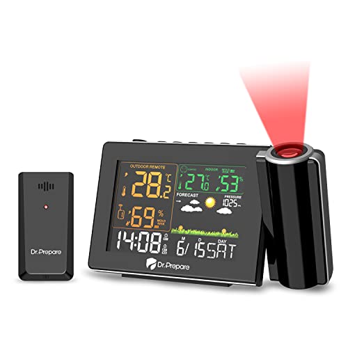 DR.PREPARE Wetterstation mit Außensensor DCF Projektionswecker Einstellbare Projektionsfokus Wecker mit Projektion zeigt Wettervorhersage für Schlafzimmer Büro Wohnzimmer von DR.PREPARE