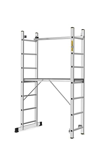 DRABEST Basic Leiter aus Aluminium - 2 x 7 Stufen - Gerüst - Klappleiter - Mehrzweckleiter mit Arbeitsplattform - Höhenverstellbar, Klappbar - Aluleiter, Baugerüst, für Garten, Haushalt, BAU von DRABEST