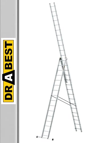 DRABEST Leiter PRO Serie Aluleiter 3-teilig Mehrzweckleiter 3x16 Stufen Leiter Multifunktionsleiter Kombileiter bis 150 kg Beslastbar - Arbeitshöhe 10,83 m - inkl. Eimerhaken von DRABEST