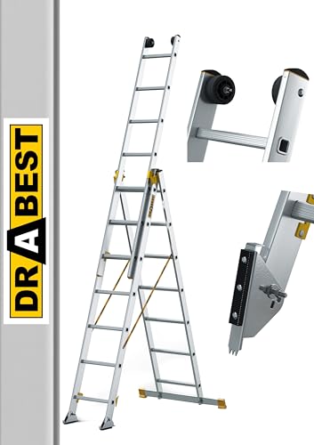 DRABEST - MAX Aluminium Profi Leiter - 3 x 7 Stufen - rutschfeste Sprossen - 4,41 m lang - bis 150 kg - 3-teilig - für Baustelle - Mehrzweck-, Steh-, Auszieh-, Klapp-, Treppenleiter - Verstellbar von DRABEST