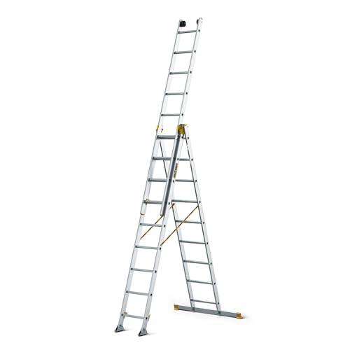 DRABEST - MAX Aluminium Profi Leiter - 3 x 9 Stufen - rutschfeste Sprossen - 5,3 m lang - bis 150 kg - 3-teilig - für Baustelle - Mehrzweck-, Steh-, Auszieh-, Klapp-, Treppenleiter - Verstellbar von DRABEST