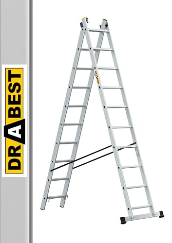 DRABEST Pro Aluminium-Leiter - Stark und langlebig - Verzinkte Haken - EN-131 Standard - Ergonomische Konstruktion - 2-Element - 2x10 Sprossen 150 kg Belastbarkeit - 48 x 432 x 13,5 cm von DRABEST