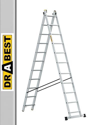 DRABEST Pro Aluminium-Leiter - Stark und langlebig - Verzinkte Haken - EN-131 Standard - Ergonomische Konstruktion - 2-Element - 2x11 Sprossen 150 kg Belastbarkeit - 49 x 458 x 13,5 cm von DRABEST
