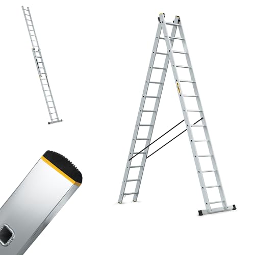 DRABEST Pro Aluminium-Leiter - Stark und langlebig - Verzinkte Haken - EN-131 Standard - Ergonomische Konstruktion - 2-Element - 2x13 Sprossen 150 kg Belastbarkeit - 48 x 564 x 13,5 cm von DRABEST