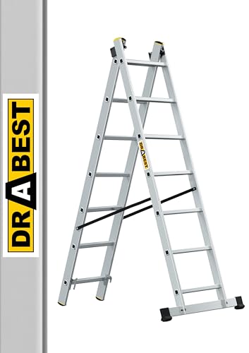 DRABEST Pro Aluminium-Leiter - Stark und langlebig - Verzinkte Haken - EN-131 Standard - Ergonomische Konstruktion - 2-Element - 2x7 Sprossen 150 kg Belastbarkeit - 46 x 300 x 10,5 cm von DRABEST