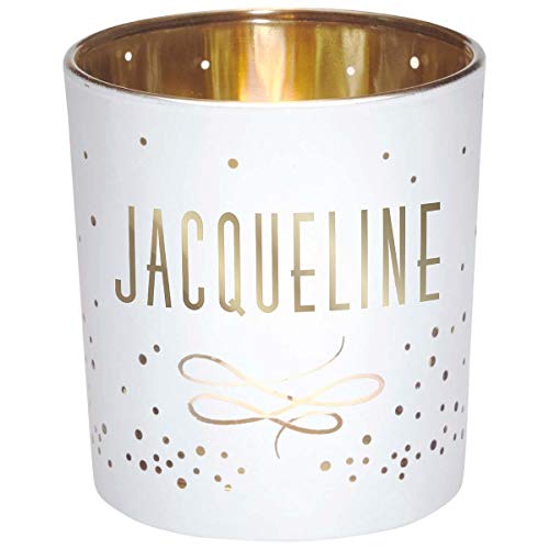 Draeger Paris Teelichthalter mit Namen Jacqueline, Glas weiß und Gold, H8 x L 7,5 cm von DRAEGER