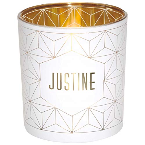 Draeger Paris - Teelichthalter mit Namen Justine, Glas weiß und Gold, H8 x L 7,5 cm von DRAEGER