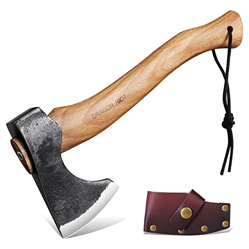 DRAGON RIOT Beil Axt Camping mit Scheide, Axt Holz Spalten 33cm Handbeil Scharfe Wikinger Äxte Outdoor Klein mit Holzgriff, Bushcraft Beil für Vatertagsgeschenk von DRAGON RIOT