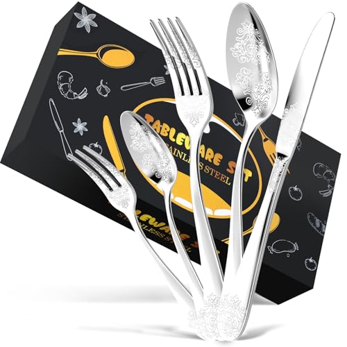 DRAGON RIOT Besteck Set 12 Personen - 60 teilig Edelstahl Besteckset, Silberbesteck mit Messer Gabel Löffel, Hochwertiges Essbesteck, Cutlery Set für Haushalt/Party/Restaurant von DRAGON RIOT