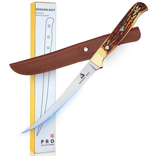 DRAGON RIOT Filetiermesser Fisch, 15.3 CM Fishing Edelstahl Fischmesser mit Anti-Rutsch-Griff，Ausbeinmesser Profi Angelmesser Sehr Scharf mit Scheide für Fisch & Fleisch, Geschenk für Männer von DRAGON RIOT