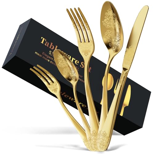 DRAGON RIOT Gold Besteck Set 30-Teilig, Edelstahl Besteckset für 6 Personen, Essbesteck Set mit Messer, Gabel, Löffel, Cutlery Set für Haushalt, Restaurant, Party von DRAGON RIOT