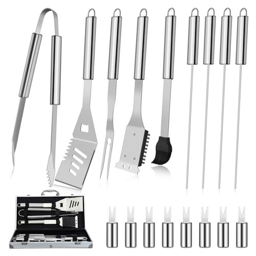 DRAGON RIOT Grillbesteck Set aus Edelstahl, 18 Stücke Grillset für Männer Geschenk, Premium Grillzubehör Set mit Spatel im Alukoffer, BBQ Grillbesteck Koffer Hochwertiger Grill Set für Garten, Camping von DRAGON RIOT