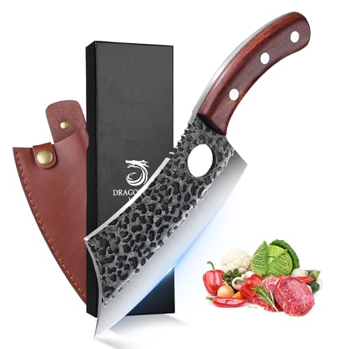 DRAGON RIOT Hackmesser Japanisch, Wikinger Messer mit Holzgriff, Fleischermesser Profi Hackbeil für Knochen, Küchenmesser scharf Metzgermesser, Full Tang Outdoor Messer Fleischerbeil fur Küche Grill von DRAGON RIOT