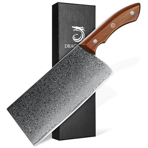 DRAGON RIOT Hackmesser Scharfes, Damastmesser Küchenbeil, Chinesisches Kochmesser 19cm, Profi Küchenmesser Damast, Hackbeil Messer mit Geschenkbox von DRAGON RIOT