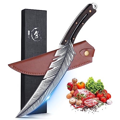 DRAGON RIOT Kochmesser Profi Japanisches, Schönes Feder Messer Handgeschmiedet Grillmesser Full Tang Küchenmesser Hackmesser Cooles Outdoor, mit Scheide Fleischmesser für Küche Chef Grill von DRAGON RIOT