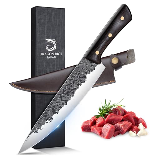 DRAGON RIOT Kochmesser profi Messer, Handgeschmiedet Japanisches Messer Wikinger, Fleischmesser extrem Scharf, Küchenmesser mit scheide, Grillmesser für Küche Camping Outdoor BBQ von DRAGON RIOT