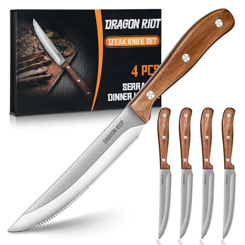DRAGON RIOT Steakmesser-Set 4 Teilig, Steak Messer mit mit Holzgriff, Steak Messerset mit Geschenkbox von DRAGON RIOT