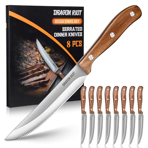 DRAGON RIOT Steakmesser-Set 8 Teilig, Steak Messer mit mit Holzgriff, Steakbesteck mit Geschenkbox von DRAGON RIOT