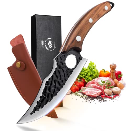 DRAGON RIOT Kochmesser Profi Japanisches Küchenmesser mit Geschenkbox Wikinger Handgeschmiedete Fleischmesser Asiatische mit Holzgriff Hackmesser Outdoor für Kitchen Grill von DRAGON RIOT