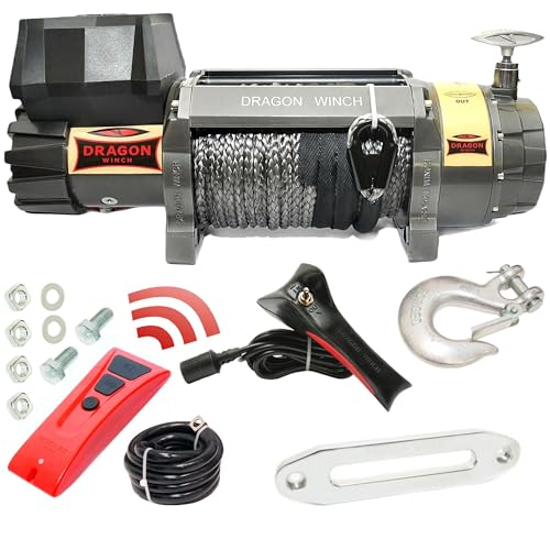 DRAGON WINCH Elektrische Seilwinde Highlander 12V 15000 lbs (6803 kg) mit Synthetikseil 21m für Off-road, Geländewagen, SUV Wasser- und Sandfest I Einschließlich kabelloser Fernsteuerung Winde Zubehör von DRAGON WINCH