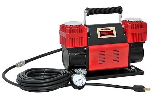 DRAGON WINCH Kompressor 12V | 10.3 BAR / 150 PSI mit Einer Kapazität von 300 l/min + Spiralschlauch mit Manometer, Steckventilende, Transporttasche, 3X wechselbare Spitzen von DRAGON WINCH