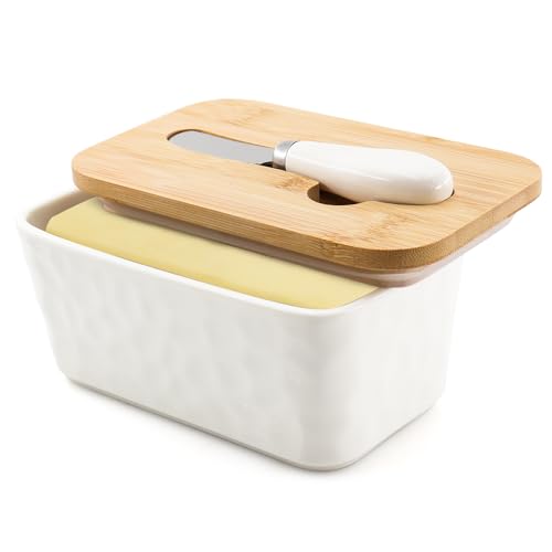 DRAONGYE Große Butterdose mit Deckel, Keramik-Butterbehälter mit Messerhalter und Spachtel Doppelte Silikondichtungen Steinmuster Rechteck (1 Pack/Weiß) with Knife von DRAONGYE
