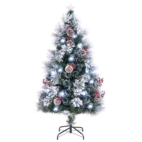 DREAMADE 150 cm Weihnachtsbaum mit Schnee, Künstlicher Tannenbaum mit 49 weißen LED-Lichter & roten Beeren, Christbaum Weihnachten (150 cm) von DREAMADE