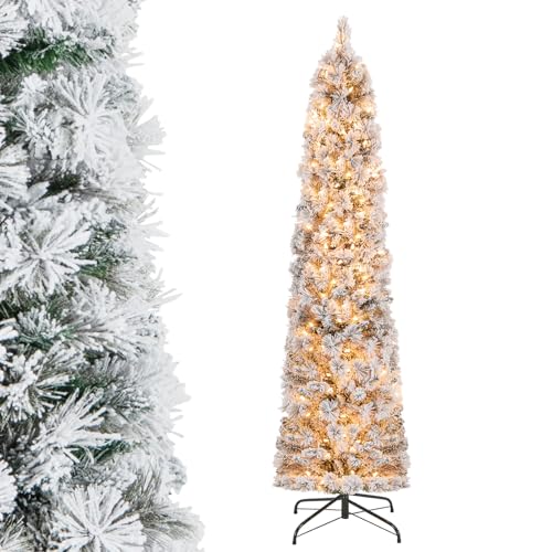DREAMADE 180 cm Künstlicher Weihnachtsbaum, Christbaum mit Beleuchtung & Schnee, Kunstbaum mit 150 warmweißen LED-Lichtern von DREAMADE