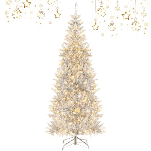 DREAMADE 180cm Künstlicher Weihnachtsbaum mit Beleuchtung, Silberer Tannenbaum mit Lametta-Blätter & Metallständer, Bleistift-Kunstbaum Weihnachten von DREAMADE
