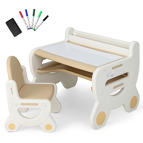DREAMADE 2 IN 1 Kindertisch mit Stuhl, Kindersitzgruppe mit Whiteboard, Marker & Radierer, Kinder Tisch Stuhl Set mit Ablagefach, multifunktionales Kindermöbel für Kinder ab 3 Jahren (Hellbraun) von DREAMADE