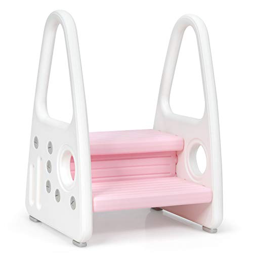 DREAMADE 2-Stufiger Tritthocker Kinder, Trittschemel mit Armlehnen, Pedalen und Untersetzern, Kinderhocker bis 50kg Belastbar, Trittleiter Lernturm (Pink) von DREAMADE