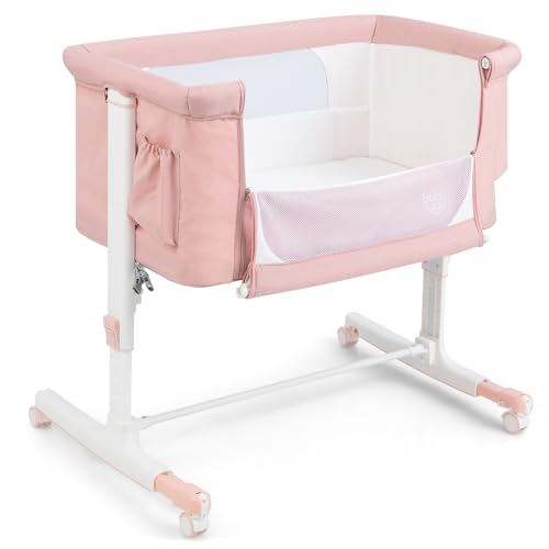 DREAMADE 2 in 1 Beistellbett, 5-stufig Höhenverstellbar Reisebett mit Matratze & Rollen, 86 x 63cm Stubenwagen Baby ab Geburt bis 9 kg, 10° Neigung Babybett (Pink) von DREAMADE