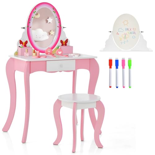 DREAMADE 2 in 1 Kinder Schminktisch mit 360° drehbarem und Abnehmbarer Spiegel, Prinzessin Frisiertisch mit Schublade aus Holz, Kosmetiktisch Kinderschminktisch für Mädchen (Rosa-Schmetterling) von DREAMADE