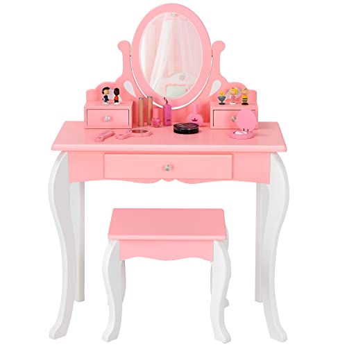 DREAMADE 2 in 1 Kinder Schminktisch mit Hocker & Abnehmbarer Spiegel, Prinzessin Frisiertisch Kosmetiktisch aus Holz, Kinderschminktisch mit 3 Schubladen für Kinder Mädchen ab 3 (Rosa) von DREAMADE