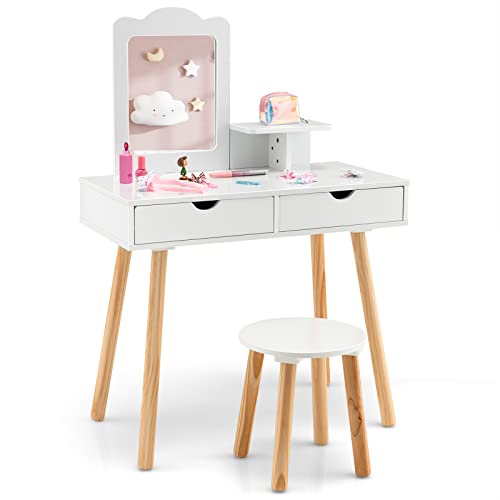 DREAMADE 2 in 1 Kinder Schminktisch mit Hocker und Abnehmbarer Spiegel, Prinzessin Frisiertisch mit Schublade Kosmetiktisch aus Holz, Kinderschminktisch für mädchen von DREAMADE