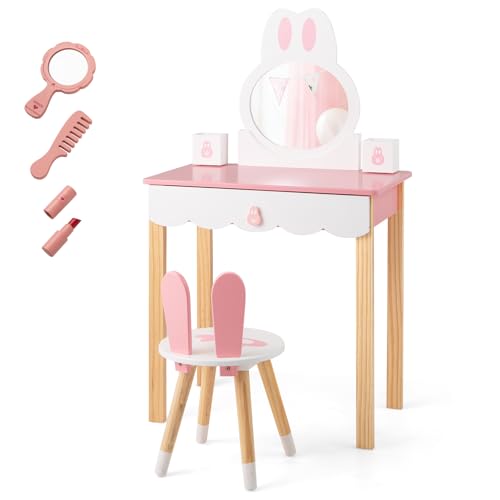 DREAMADE 2 in 1 Kinder Schminktisch mit Hocker & abnehmbarem Spiegel, Frisierkommode, Prinzessin Frisiertisch mit Schublade, Kinderschminktisch Kosmetiktisch für Kinder Mädchen (Weiß Spiegel) von DREAMADE