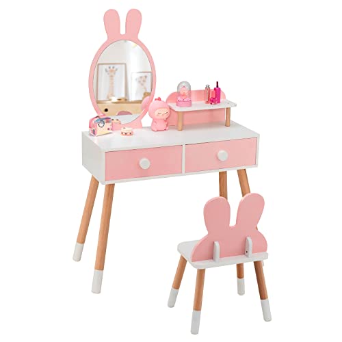 DREAMADE 2 in 1 Kinder Schminktisch mit Hocker und abnehmbarem Spiegel, Kinderschminktisch aus Holz, Prinzessin Frisiertisch Kosmetiktisch mit Schublade für Kinder Mädchen ab 3 Jahren (Rosa) von DREAMADE