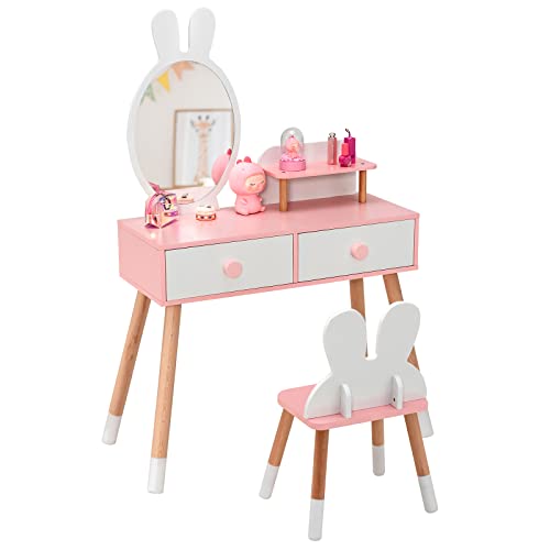 DREAMADE 2 in 1 Kinder Schminktisch mit Hocker und abnehmbarem Spiegel, Kinderschminktisch aus Holz, Prinzessin Frisiertisch Kosmetiktisch mit Schublade für Kinder Mädchen ab 3 Jahren (Weiß) von DREAMADE