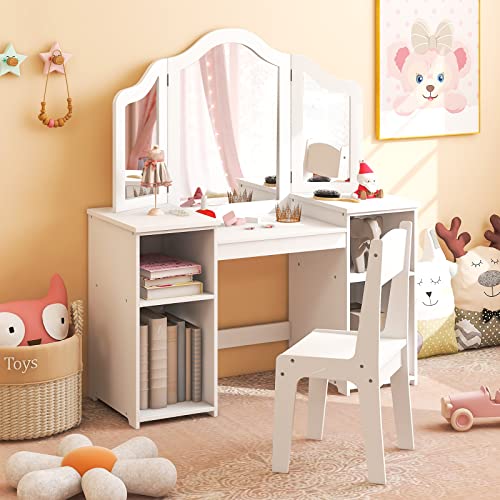DREAMADE 2 in 1 Kinder Schminktisch mit Hocker und abnehmbarem Spiegel, Prinzessin Frisiertisch mit 4 offenen Ablageflächen, Kinderschminktisch für Kinder Mädchen (Weiß-mit Hocker ohne Box) von DREAMADE