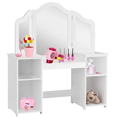 DREAMADE 2 in 1 Kinder Schminktisch mit abnehmbarem Spiegel, Prinzessin Frisiertisch mit 4 offenen Ablageflächen, Kinderschminktisch, Kosmetiktisch für Kinder Mädchen (Weiß) von DREAMADE