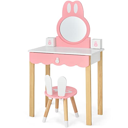 DREAMADE 2 in 1 Kinder Schminktisch mit abnehmbarem Spiegel & Hocker, Frisierkommode, Prinzessin Frisiertisch mit Schublade, Kosmetiktisch für Kinder Mädchen (Rosa Spiegel) von DREAMADE