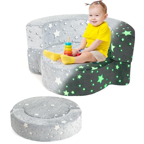 DREAMADE 2 in 1 Kindersofa, modulares Spielsofa aus Flanellstoff mit leuchtenden Mustern, Abnehmbarer & waschbarerer Bezug, Kindercouch verwandelbares Sofa für Kinder ab 3 Jahren (Hellgrau) von DREAMADE