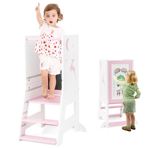 DREAMADE 2-in-1 Lernturm mit Tafel, Höhenverstellbarer Tritthocker aus Holz, Kinder Kreidetafel mit 3 Bunten Marker, Kinderlernturm ab 1 Jahr, belastbar bis 70kg (Weiß + Pink) von DREAMADE
